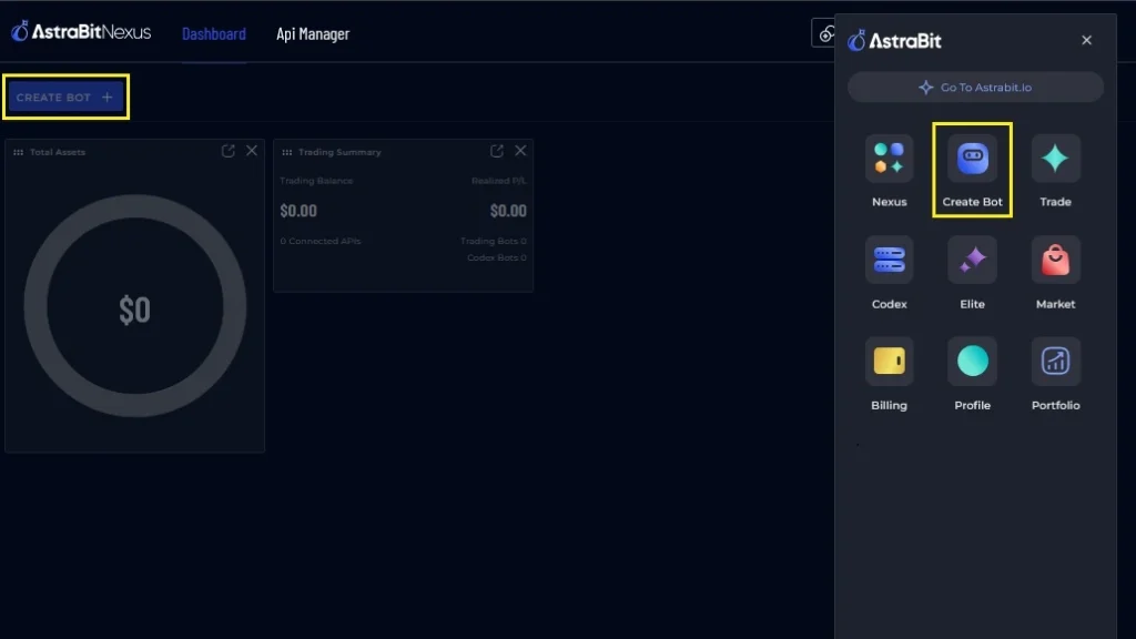 Bot creation interface in AstraBit dashboard showing Create Bot button