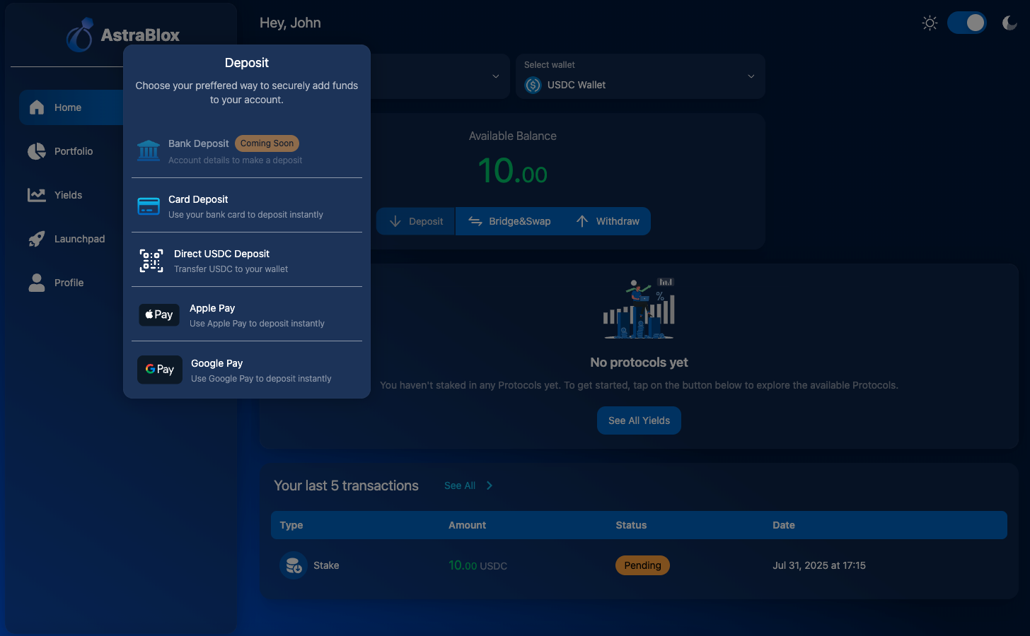 Fiat On-Ramp: Add funds using card payments, Apple Pay, Google Pay, or direct USDC deposits.