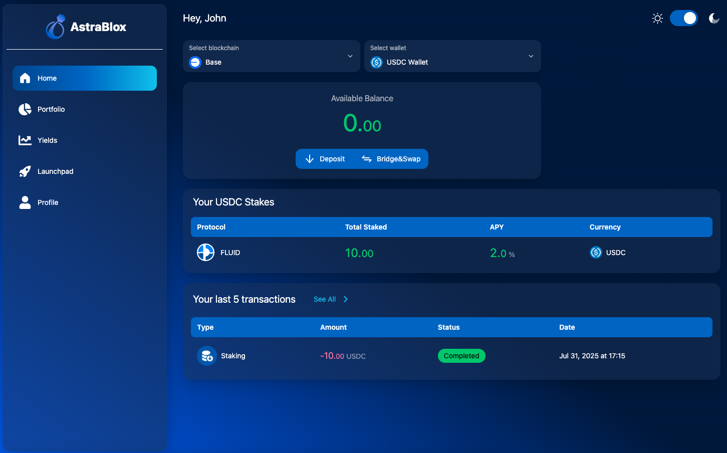 Yield Staking: View completed staking transactions, track APY, and monitor rewards directly within the AstraBlox dashboard.