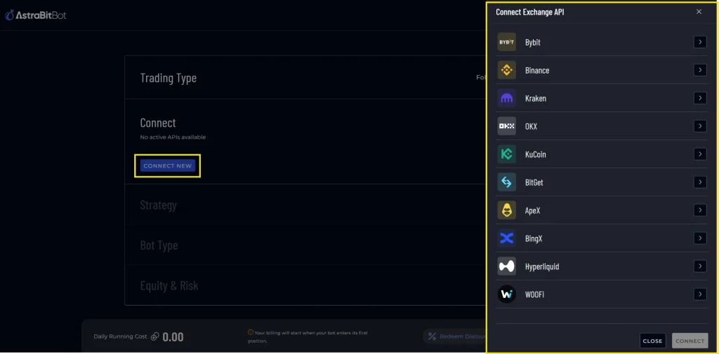 AstraBit Connect Exchange API screen showing supported exchanges including Bybit, Binance, Kraken, OKX, KuCoin, Bitget, ApeX, BingX, Hyperliquid, and WOOFi
