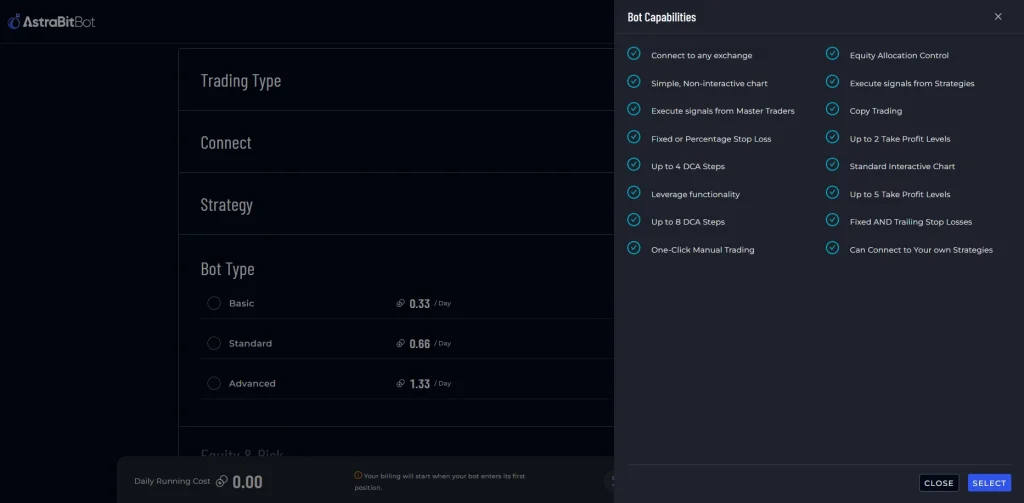 AstraBit Create Bot screen showing Basic, Standard, and Advanced bot type options with Bot Capabilities panel open