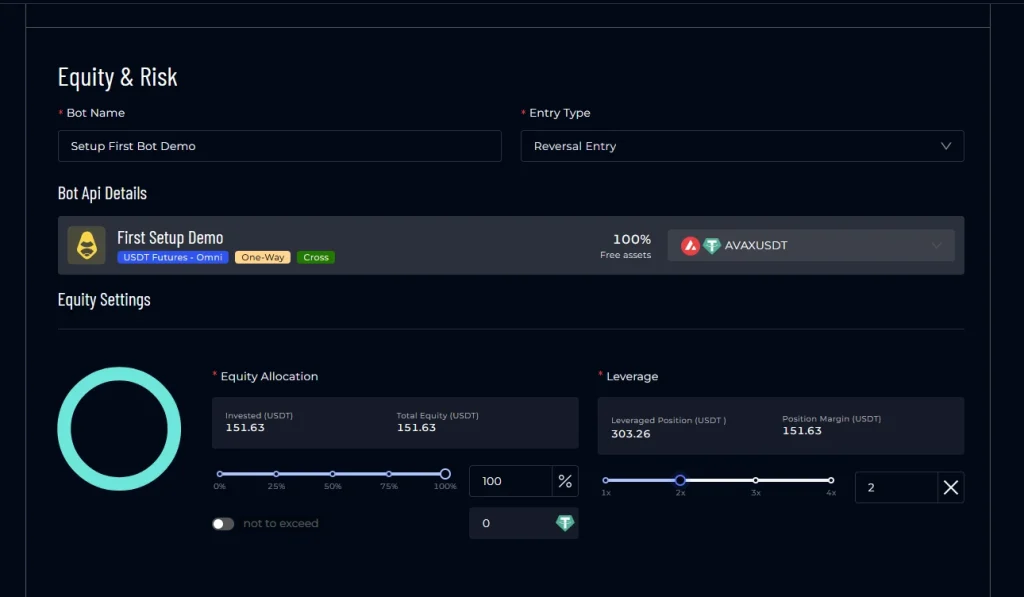 AstraBit Create Bot screen showing Equity and Risk settings including equity allocation slider and leverage controls