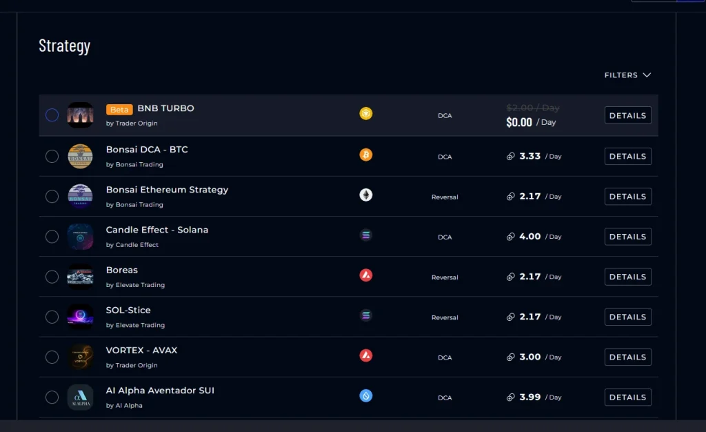 AstraBit Create Bot screen displaying available trading strategies including BNB Turbo, Bonsai DCA BTC, Candle Effect Solana, and VORTEX AVAX
