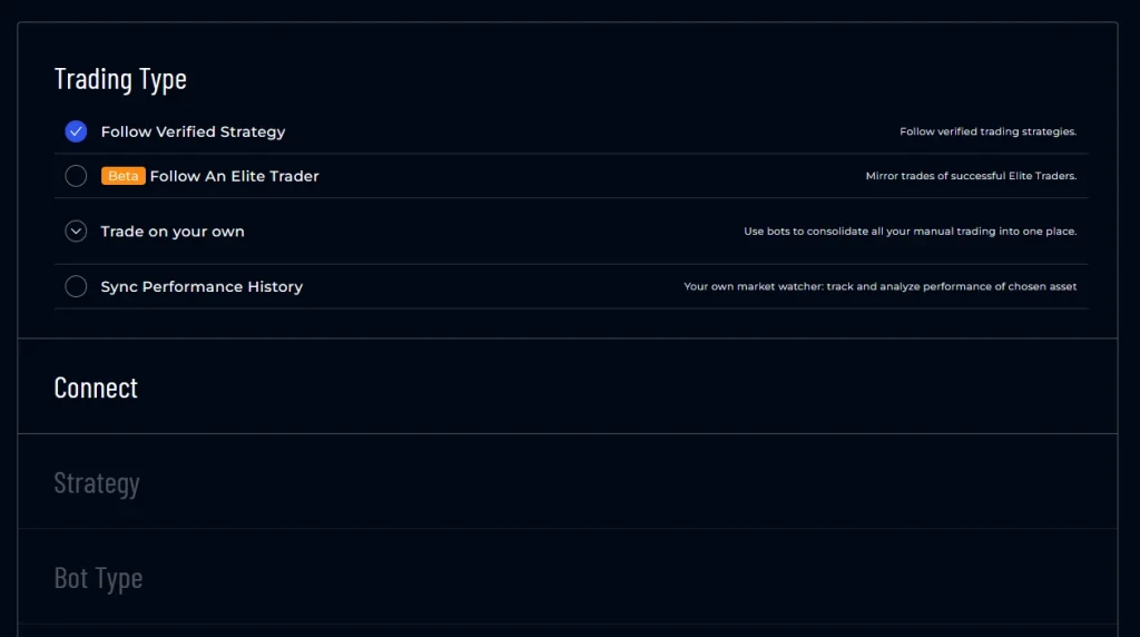AstraBit Create Bot interface showing Trading Type options including Follow Verified Strategy and Follow an Elite Trader