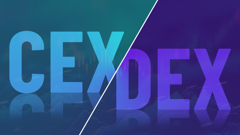 Split graphic showing “CEX” and “DEX” text, representing centralized and decentralized exchanges in digital asset trading.