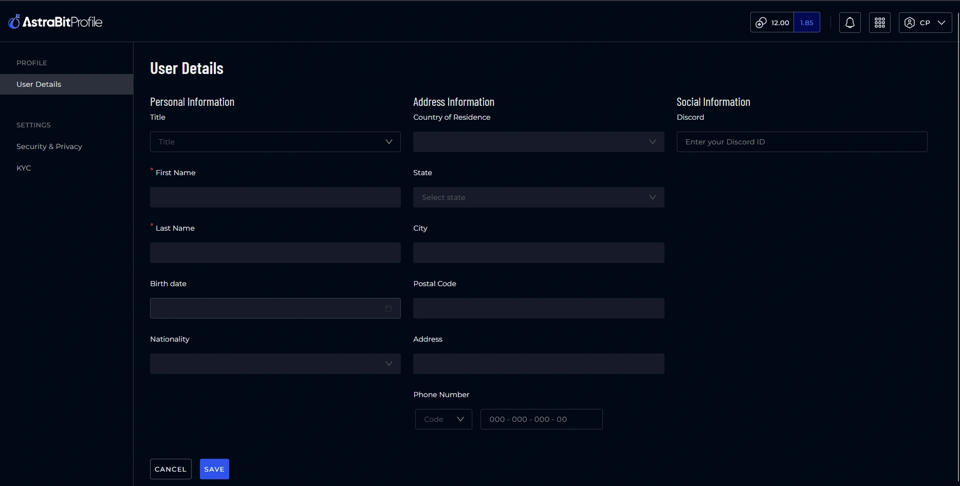 AstraBit dashboard profile screen showing user confirmation of account information during onboarding.