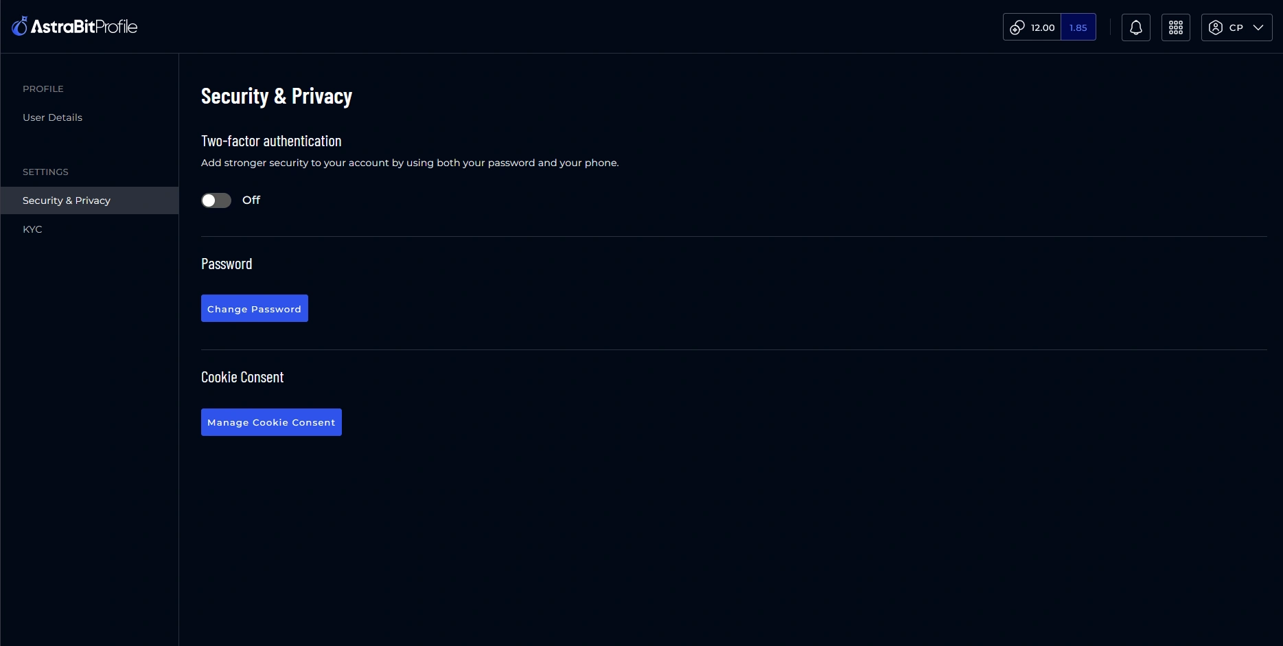 AstraBit dashboard showing additional security settings options during account setup.