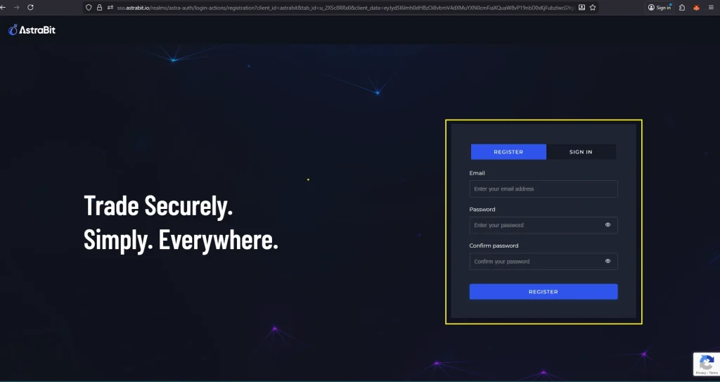 Screenshot of AstraBit registration page with email, password fields, and Register button
