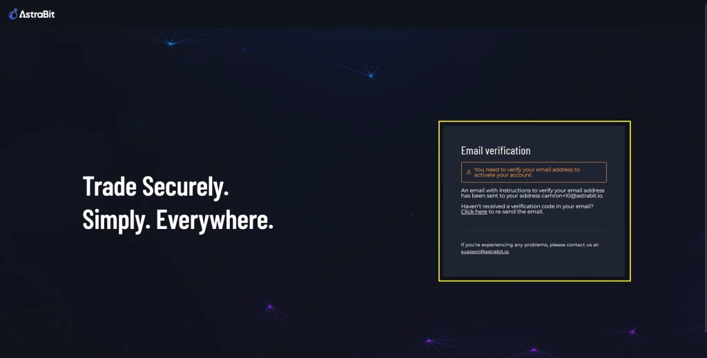 Screenshot of AstraBit verification screen indicating a confirmation code has been sent to the user’s email
