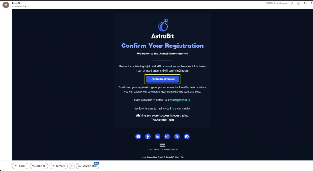 Screenshot of AstraBit confirmation screen with verification code entry field and Confirm Registration button