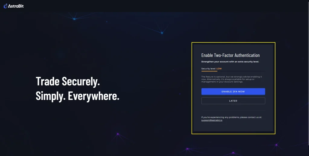 Screenshot of AstraBit two-factor authentication setup screen with option to enable 2FA now or later