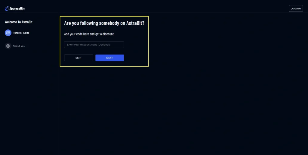 Screenshot of AstraBit referral code entry screen during account onboarding