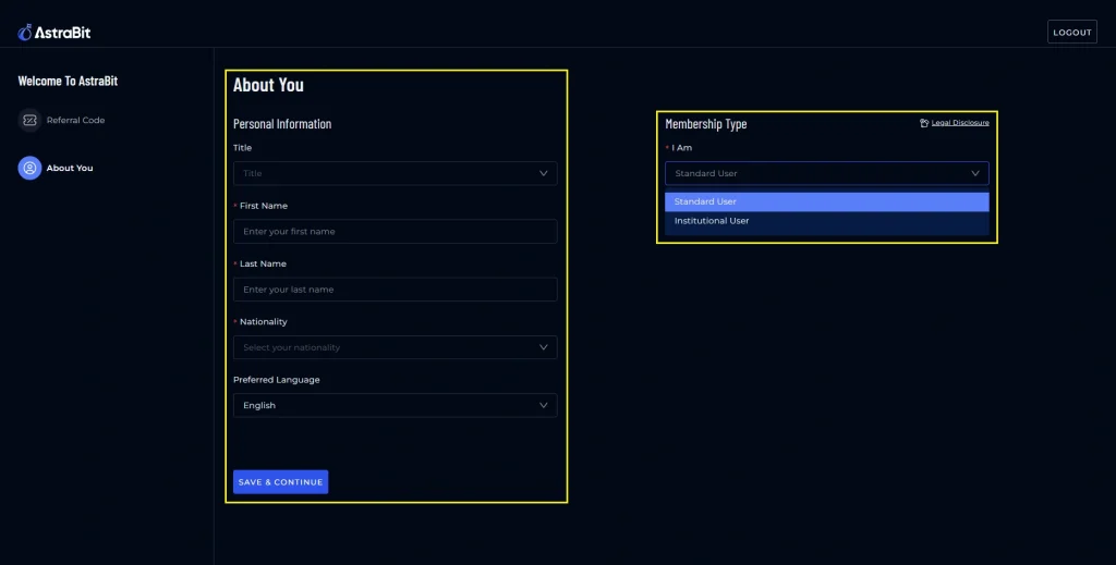 ✅ ALT TEXT
Screenshot of AstraBit onboarding form for entering personal information and selecting investor type