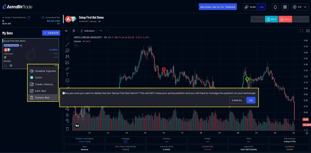 AstraBit trade interface displaying a confirmation prompt asking the user to confirm deletion of an automated trading bot.