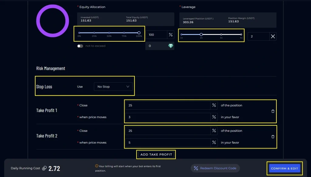 AstraBit trading bot settings panel displaying equity allocation, leverage, and risk management configuration options.