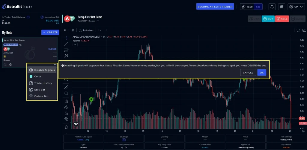 AstraBit trading dashboard showing how to disable an automated trading bot within the platform interface.