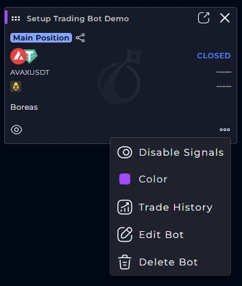AstraBit trading bot action menu showing options including Disable Signals, Trade History, Edit Bot, and Delete Bot.