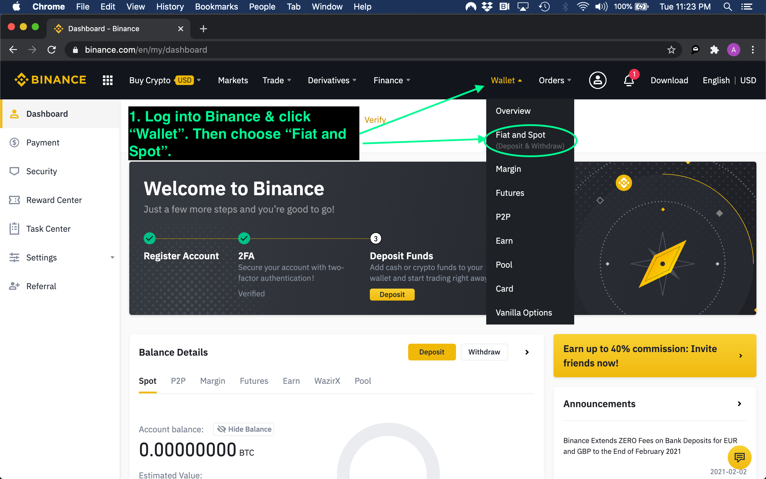 Binance Wallet menu with Fiat and Spot option.