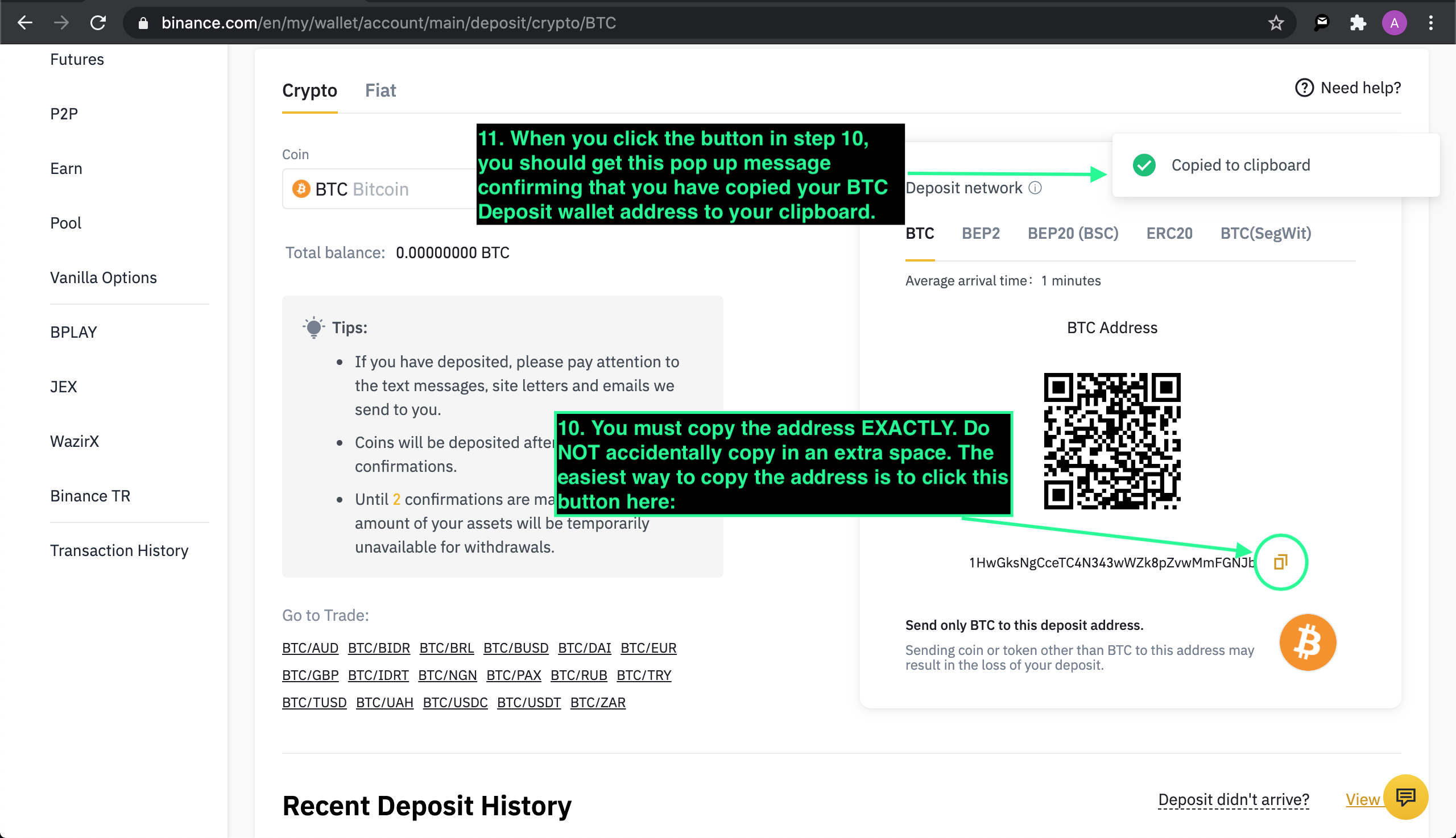 Binance deposit coin selection.