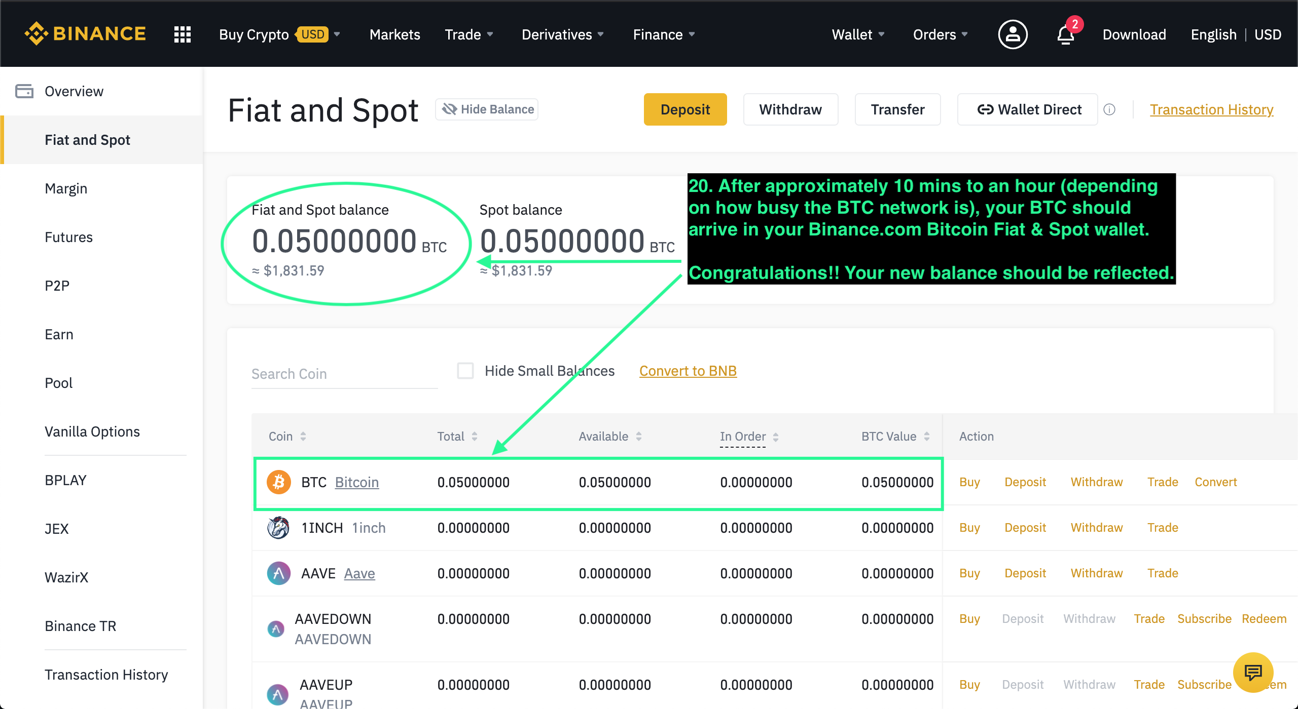 Binance wallet showing BTC balance.