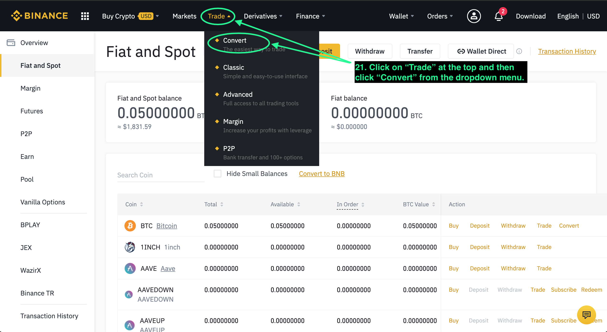 Binance Trade menu with Convert option.