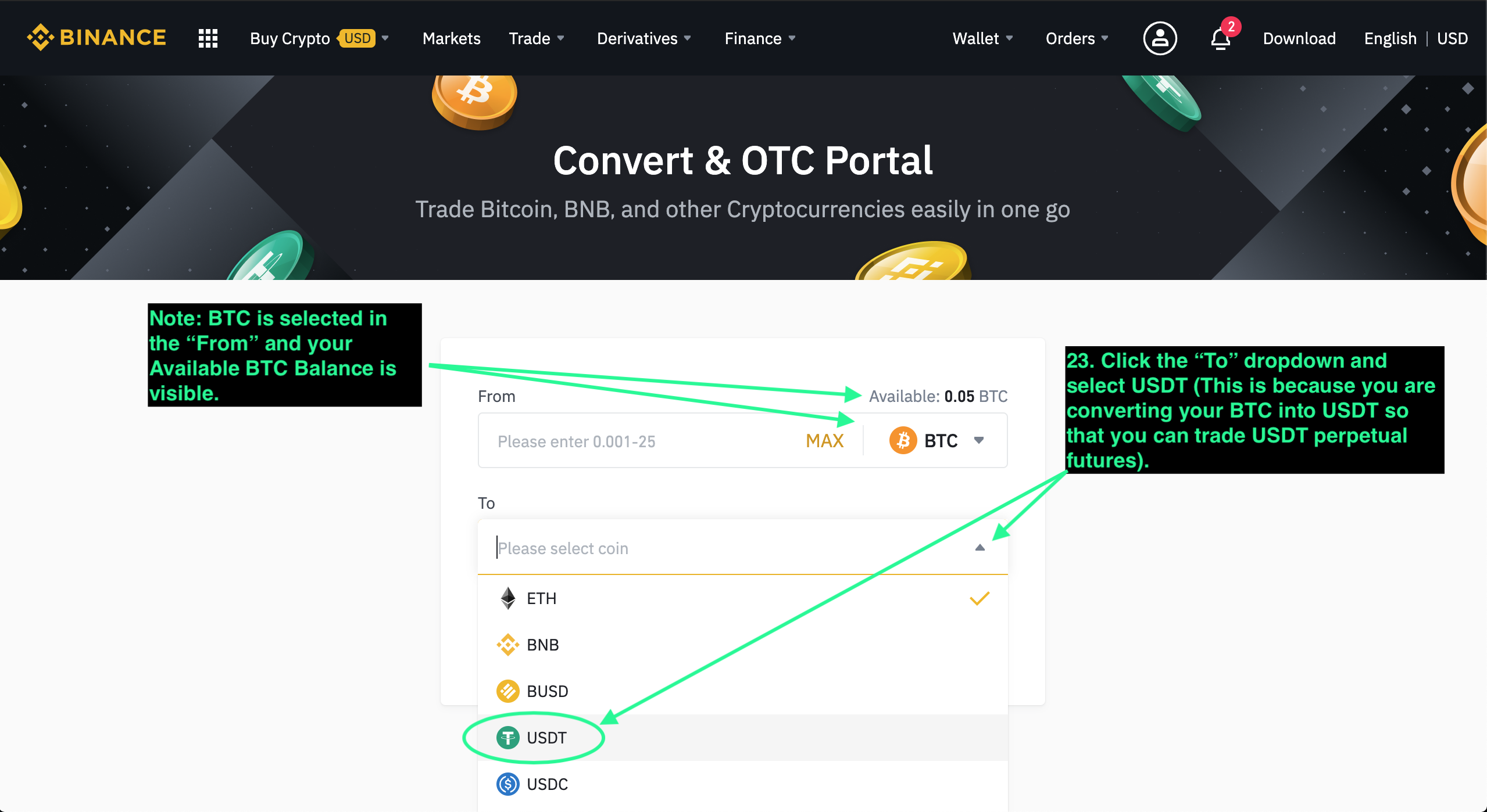 Binance Convert to USDT.
