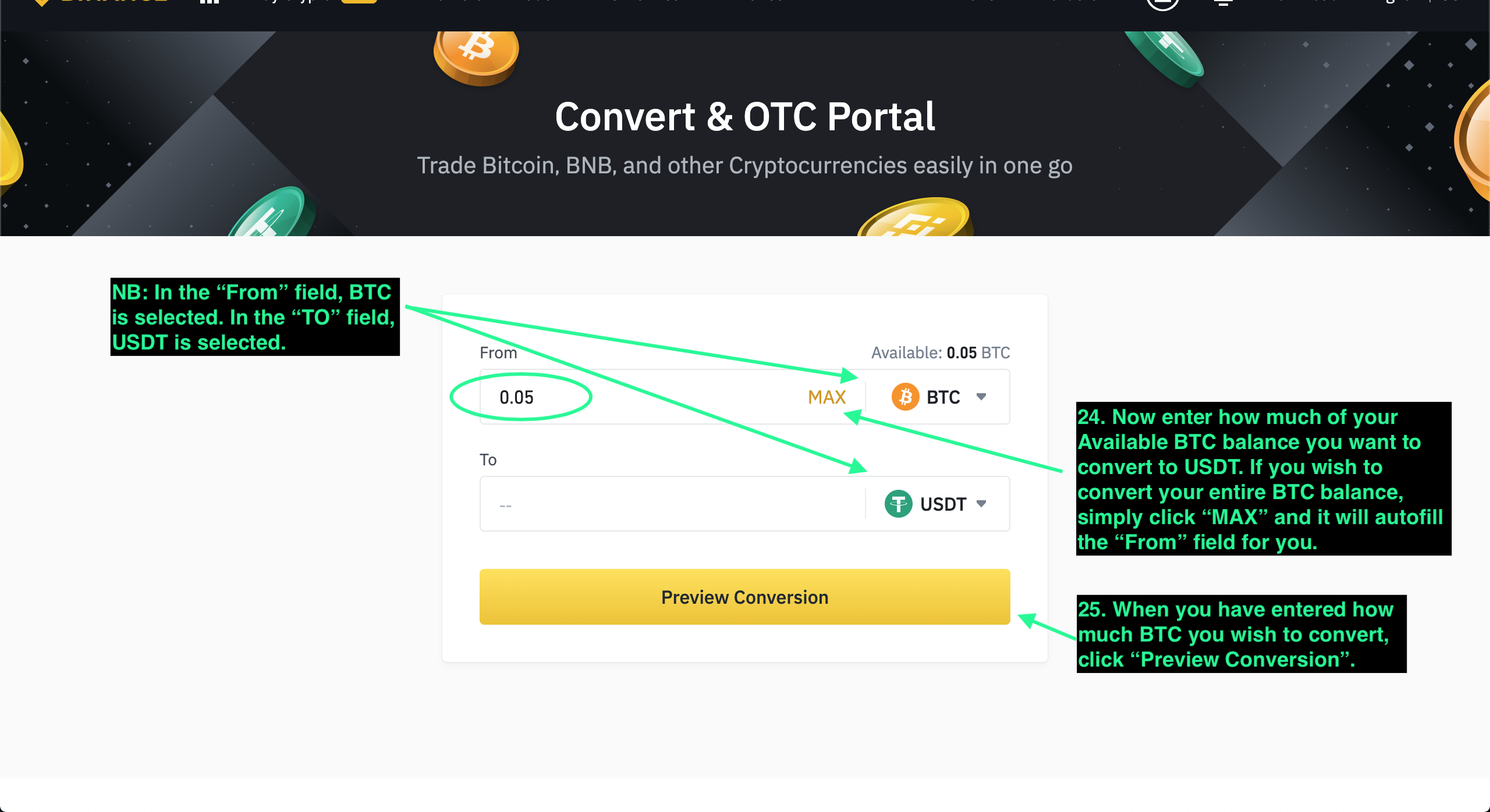 Binance conversion preview.