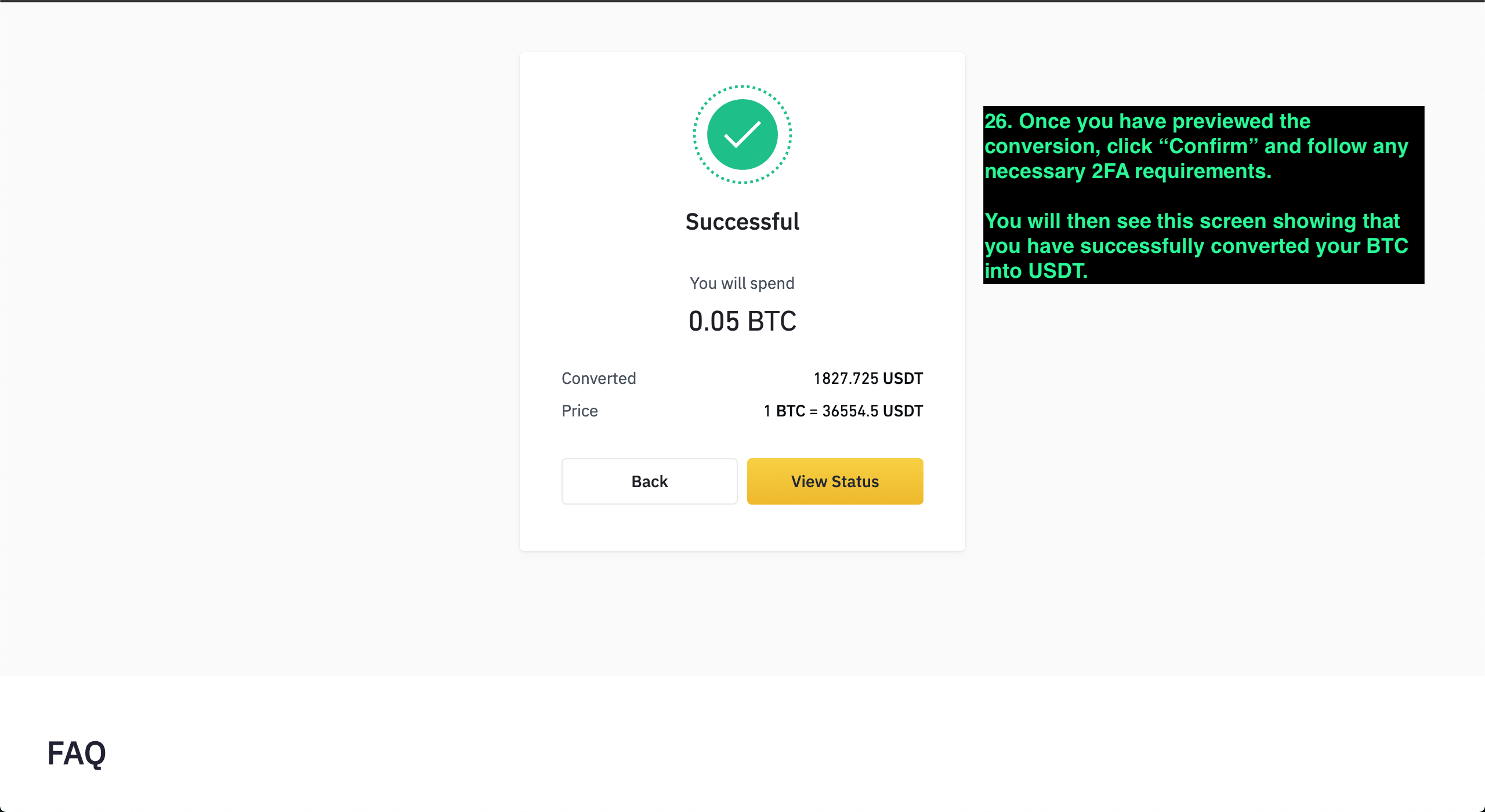 Binance conversion confirmation.