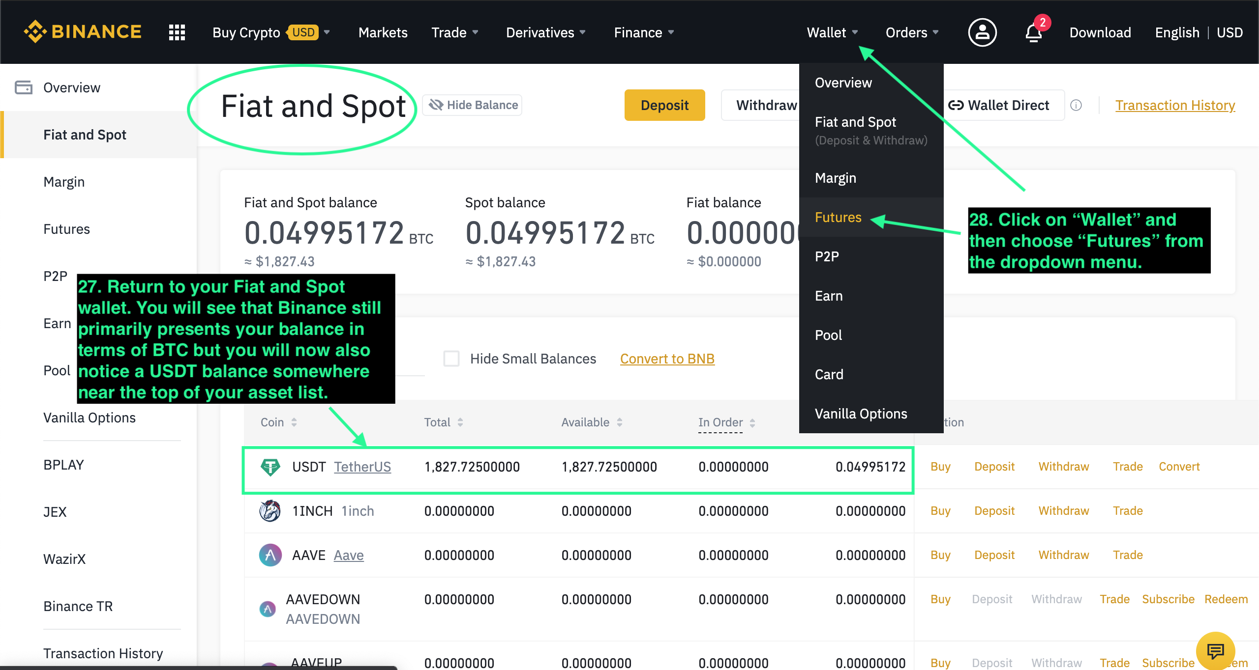 Binance Wallet menu with Futures option.
