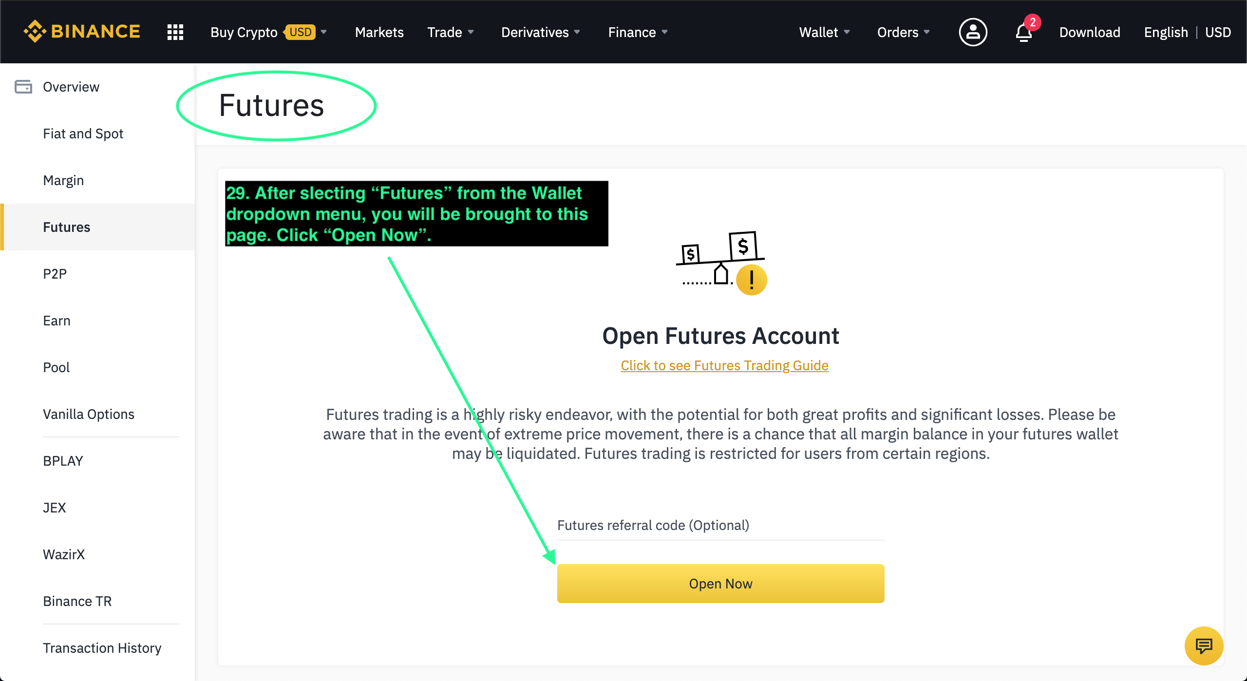 Binance Futures account activation.