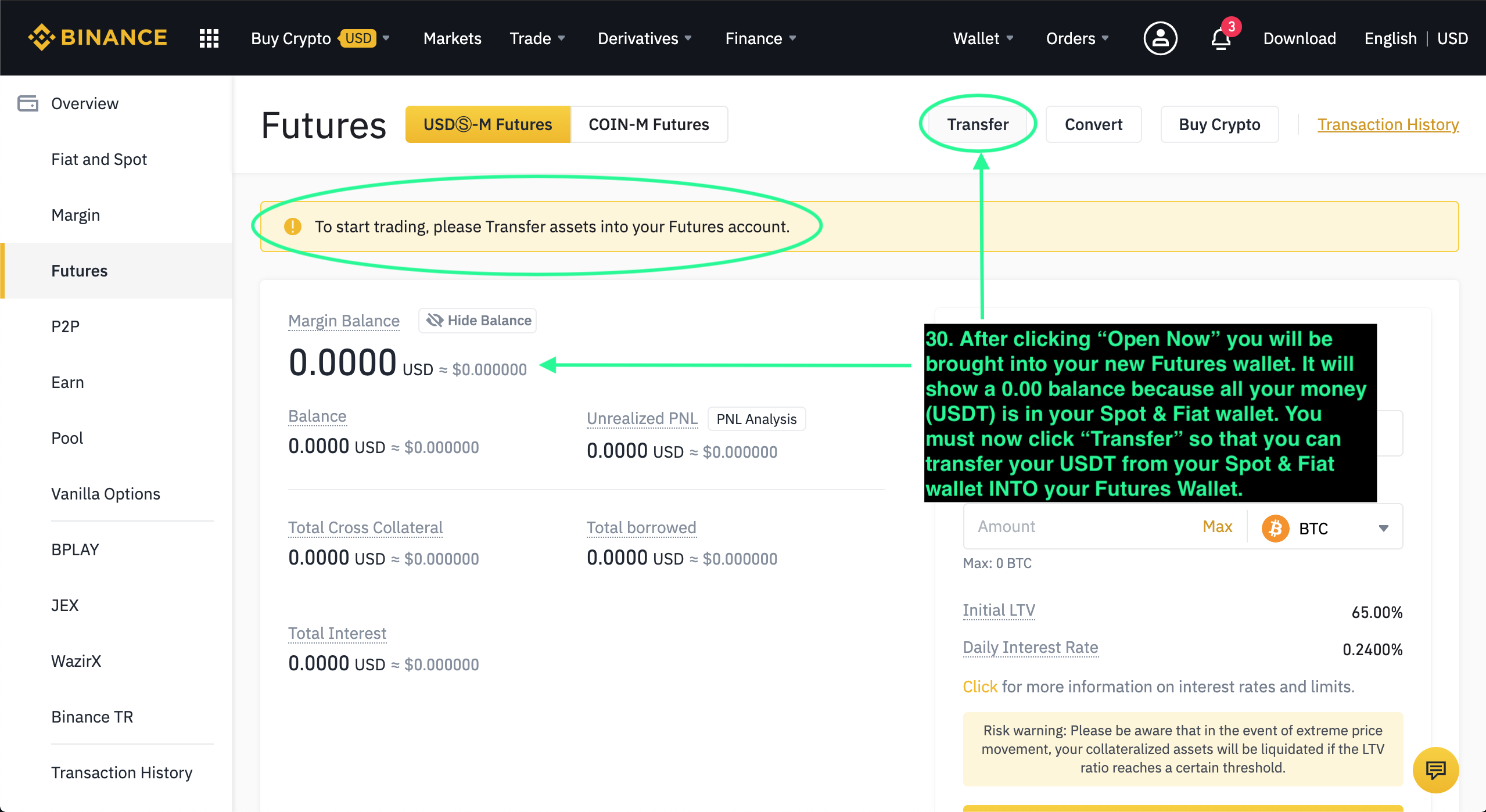 Binance Futures wallet Transfer button.