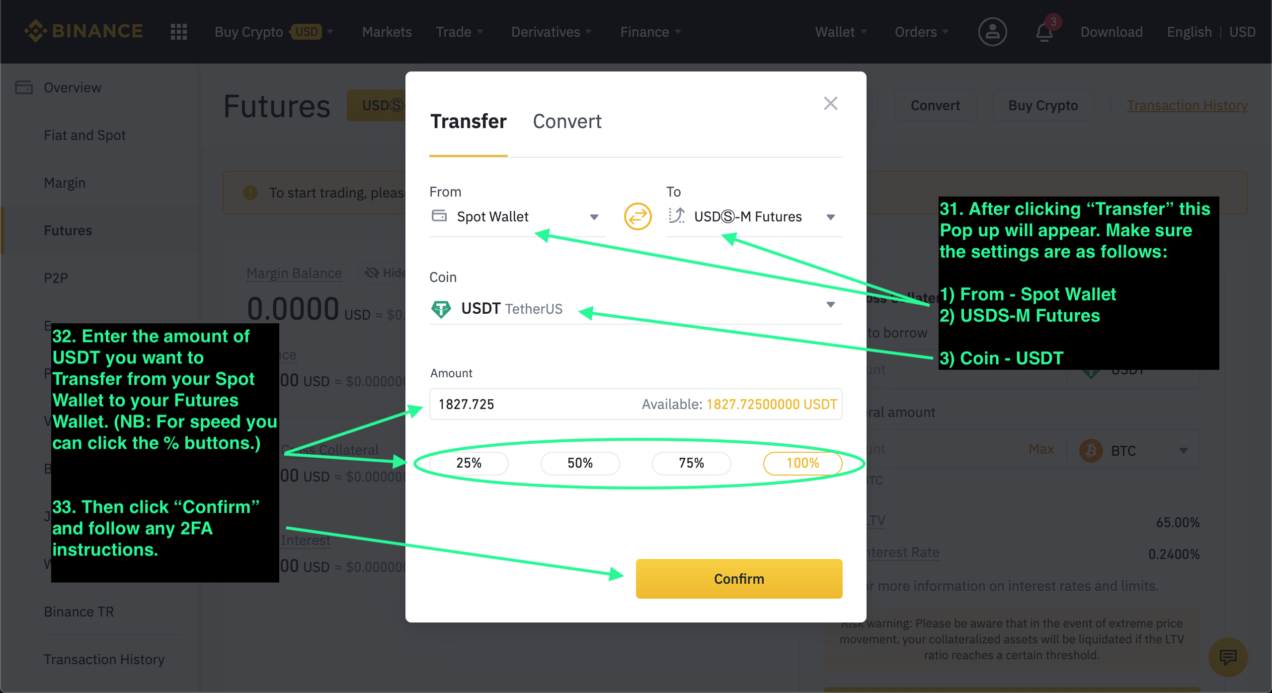 Binance transfer from Spot to USDT-M Futures.