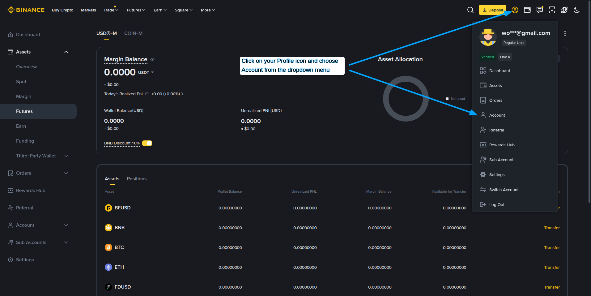 Binance profile menu with Account option.