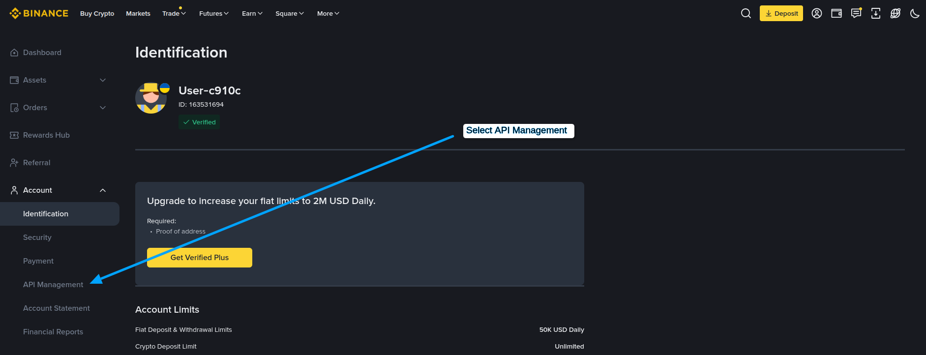 Binance API Management page.