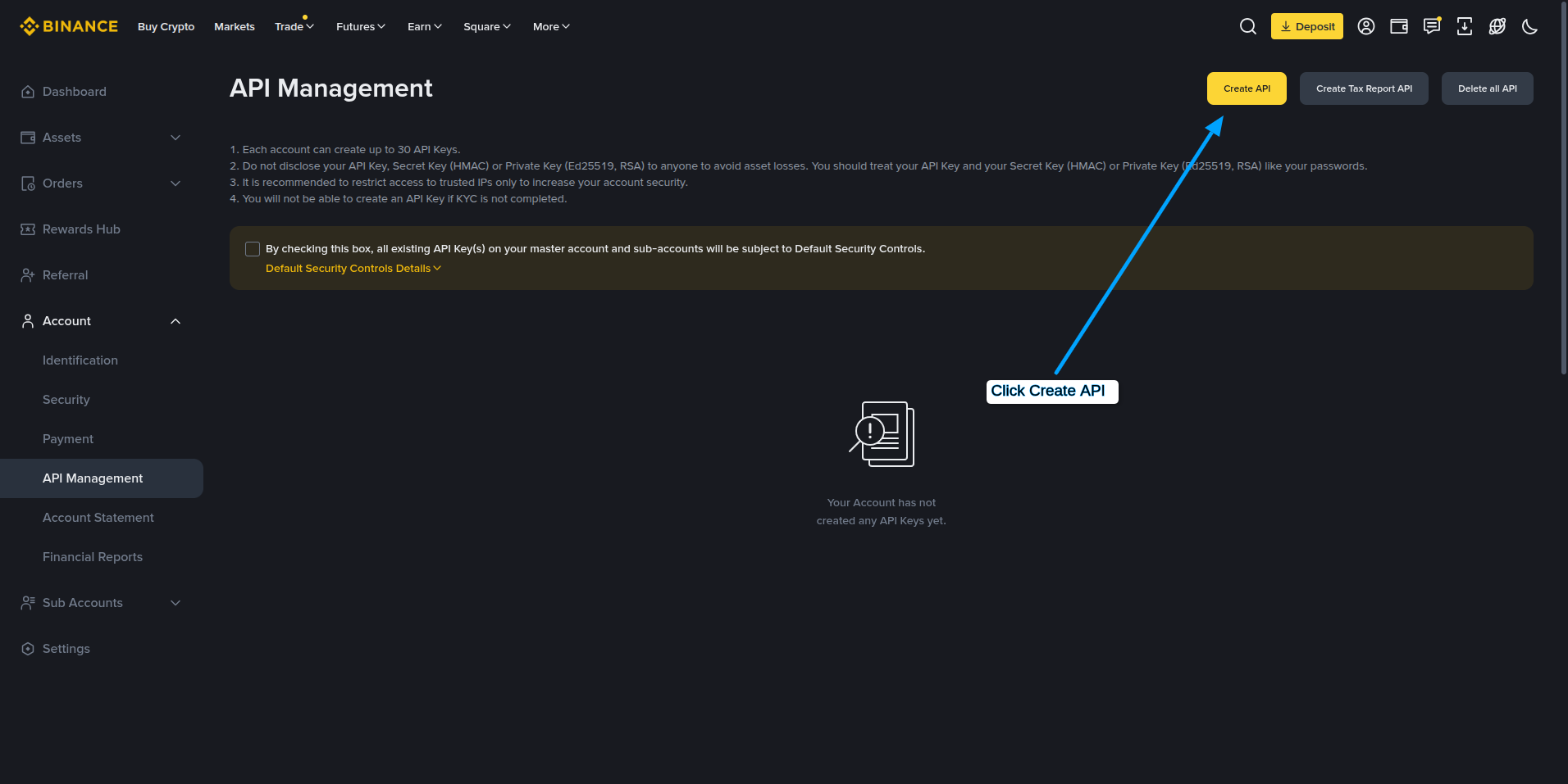 Binance Create API button.