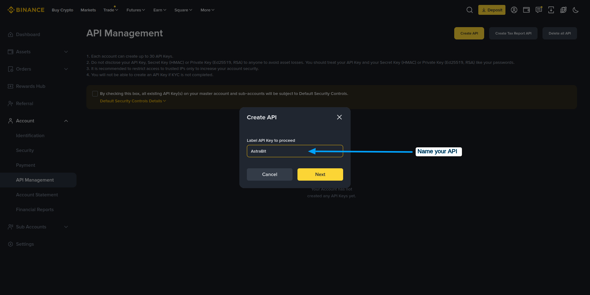 Binance API key label entry.