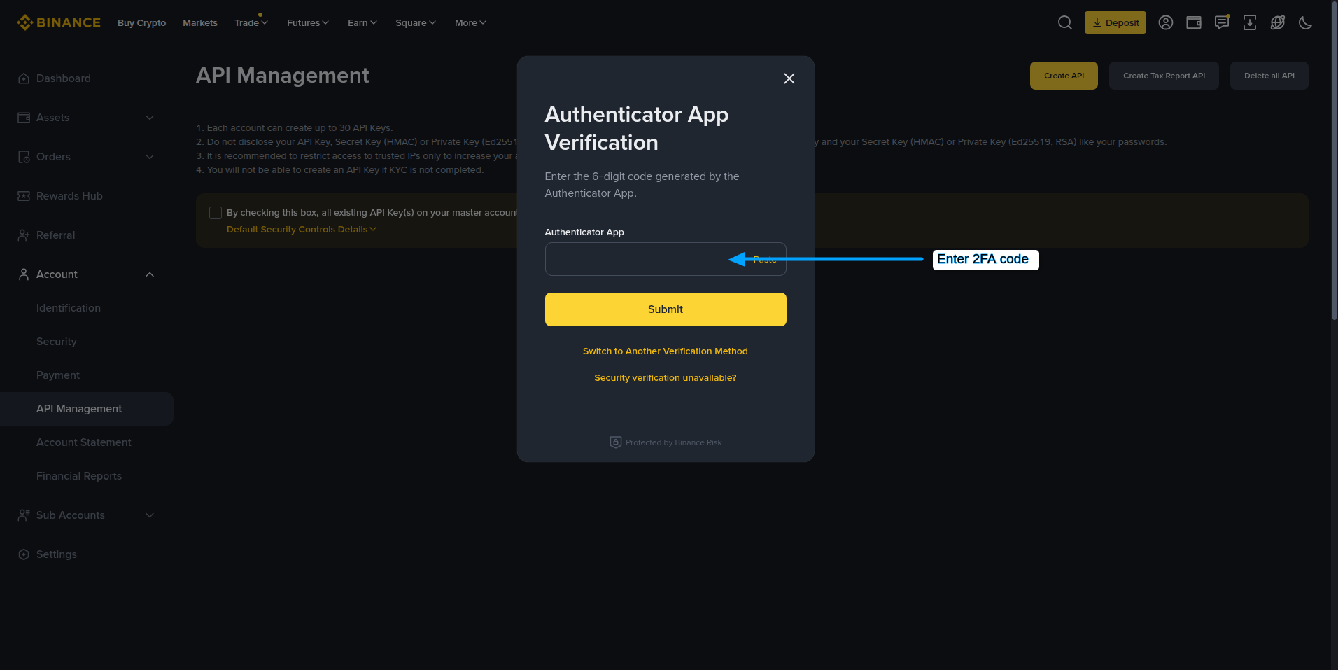 Binance 2FA verification for API creation.