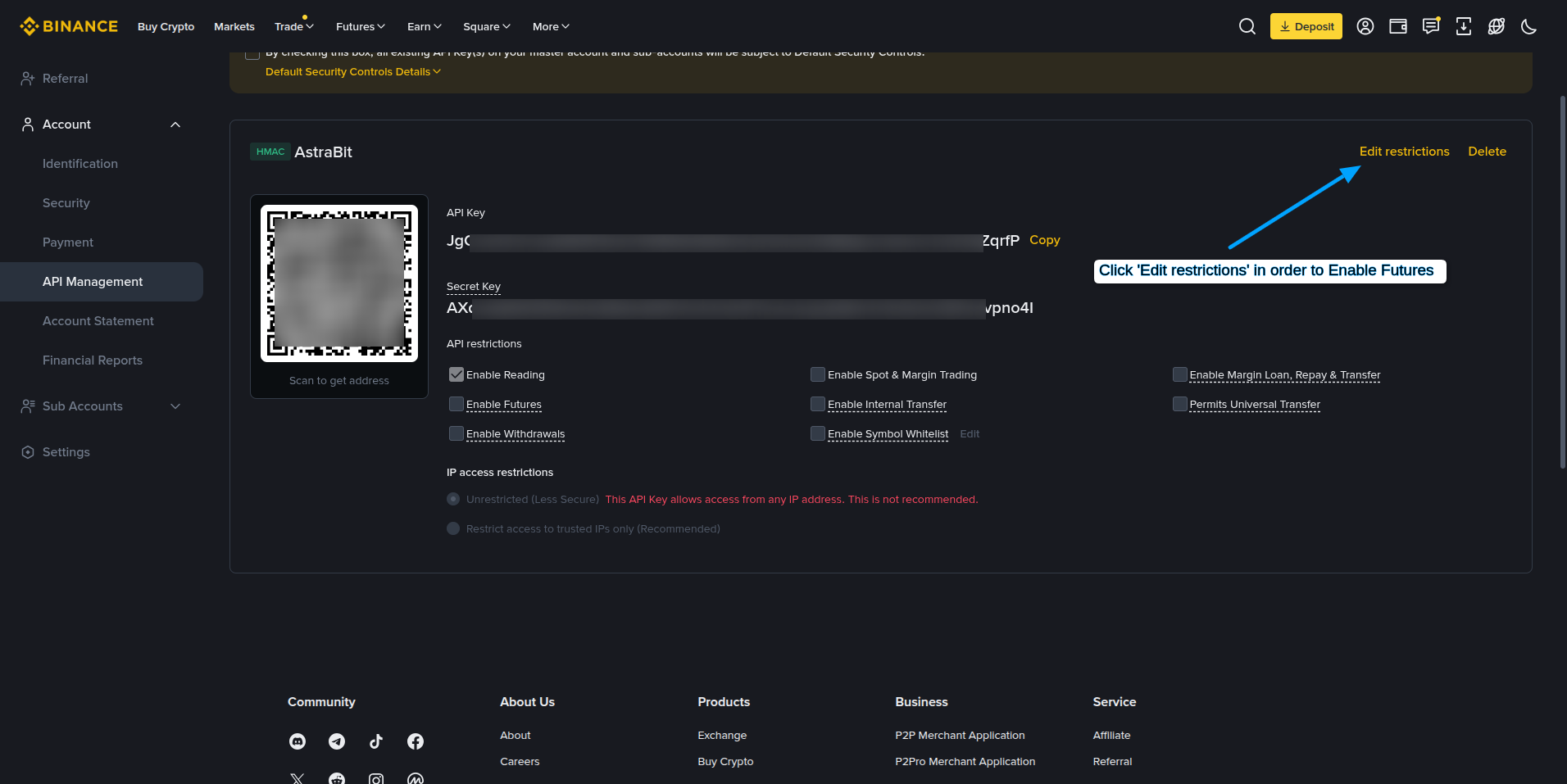 Binance Edit restrictions screen.