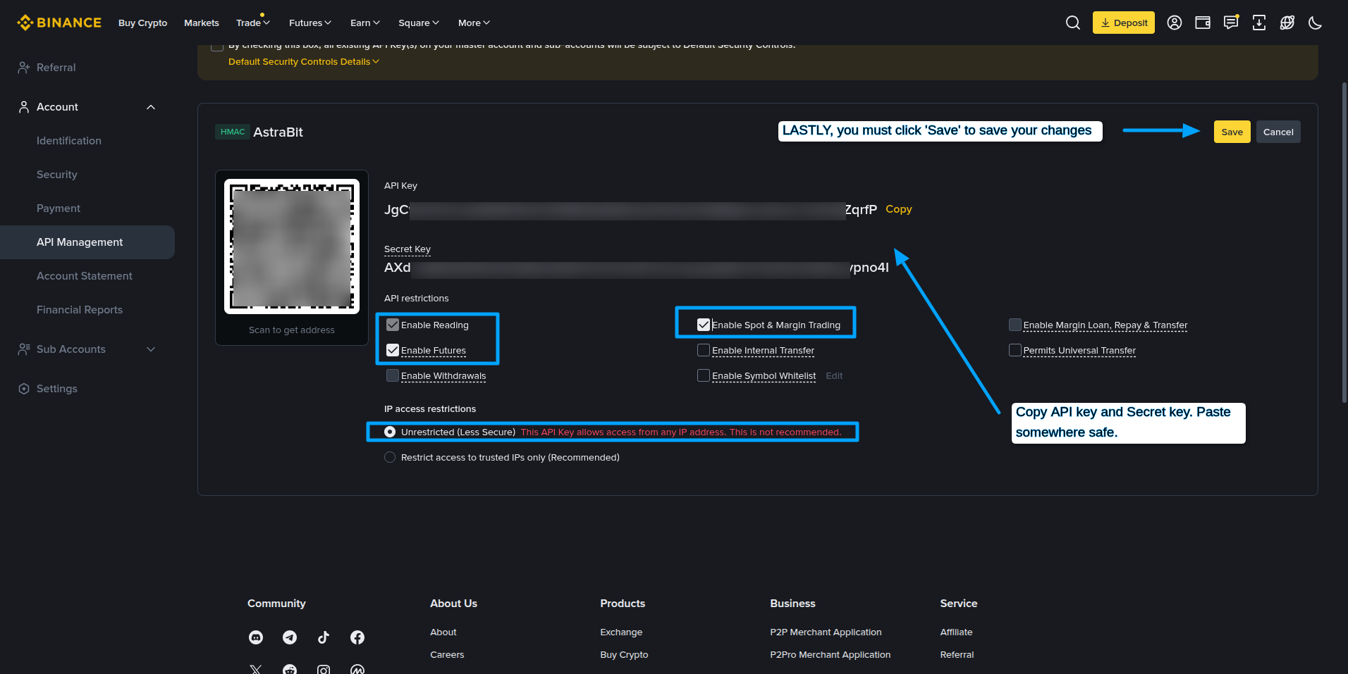 Binance API permissions configuration.