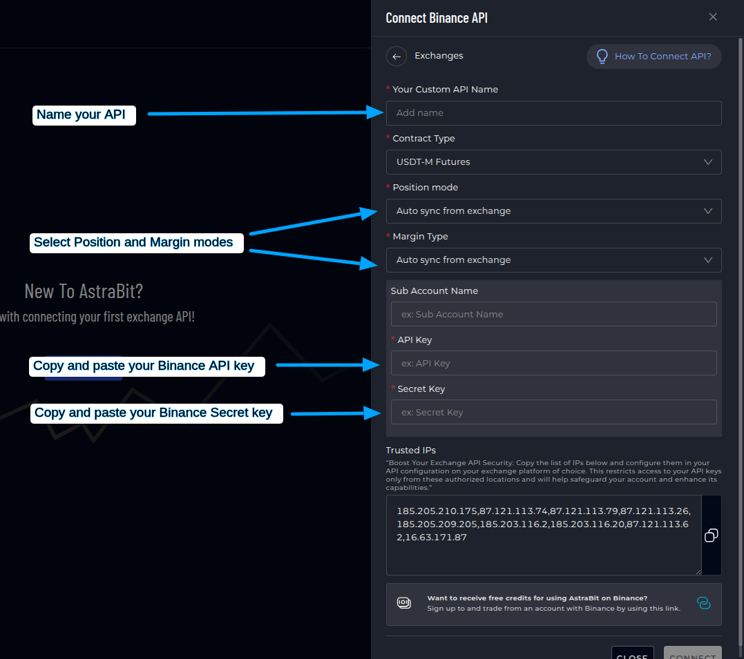 AstraBit Binance API connection form.
