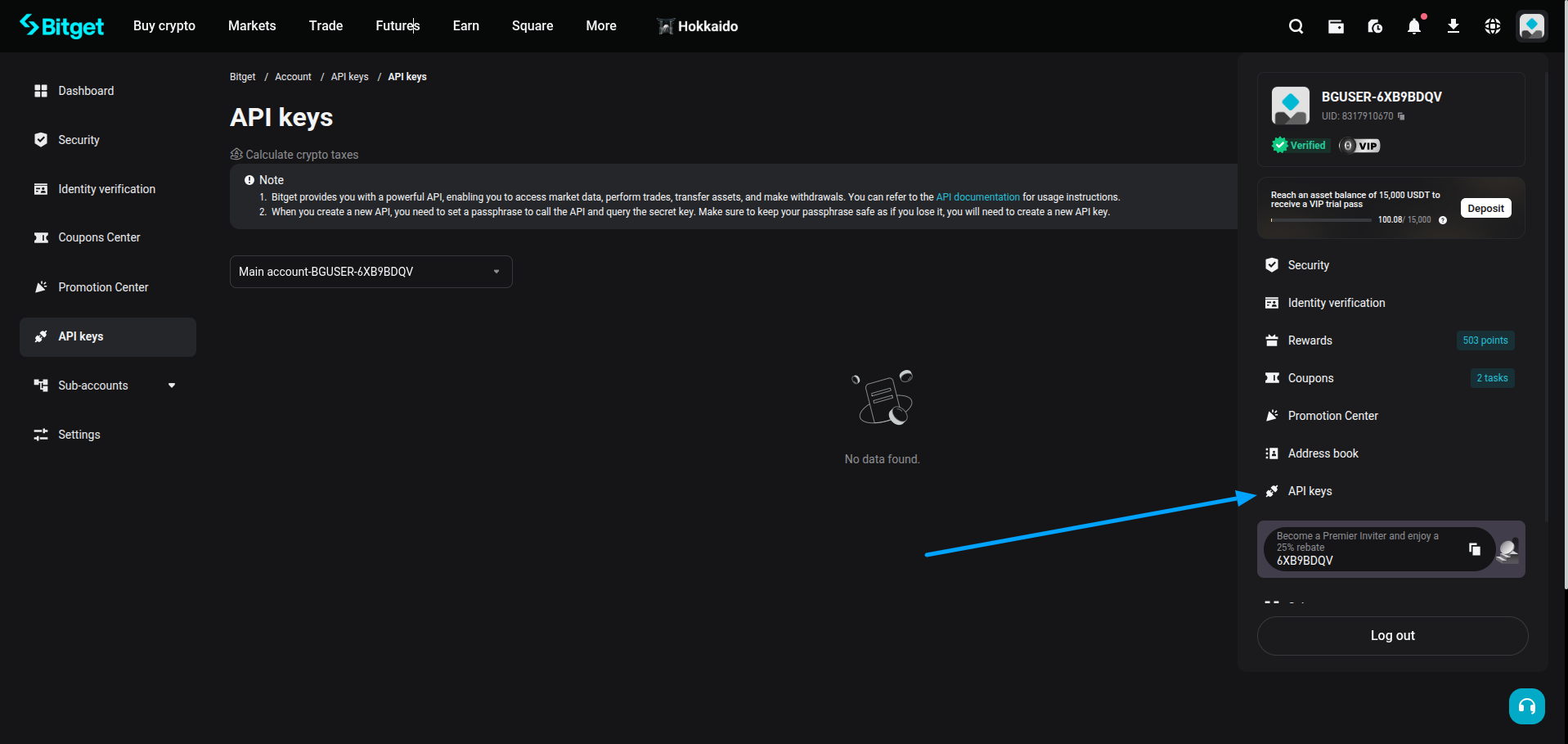 Bitget profile menu with API Management option.
