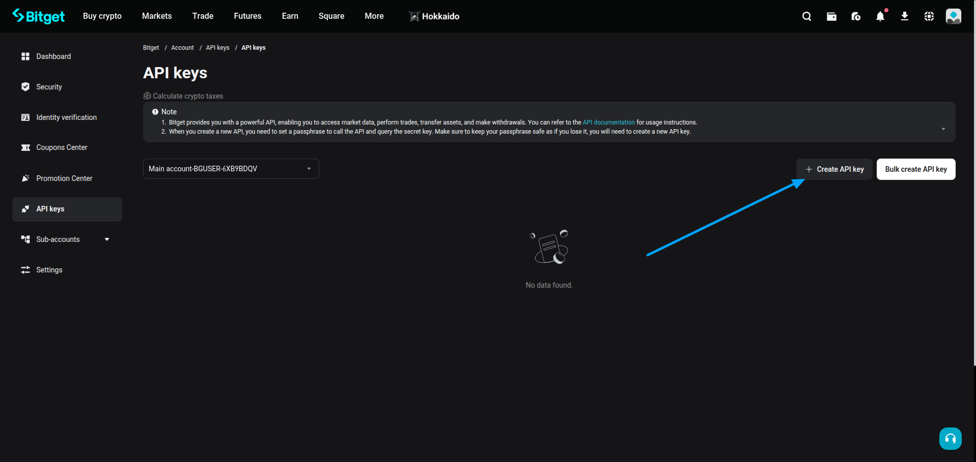Bitget Create API Key button.