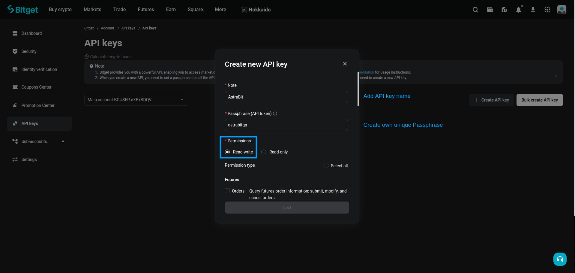 Bitget API settings form.