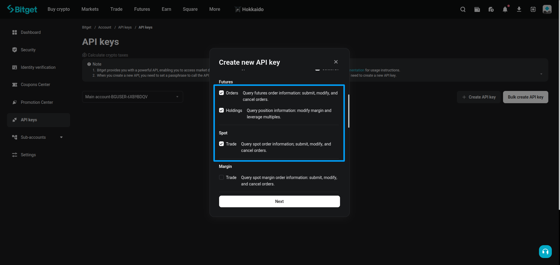 Bitget API permissions selection.