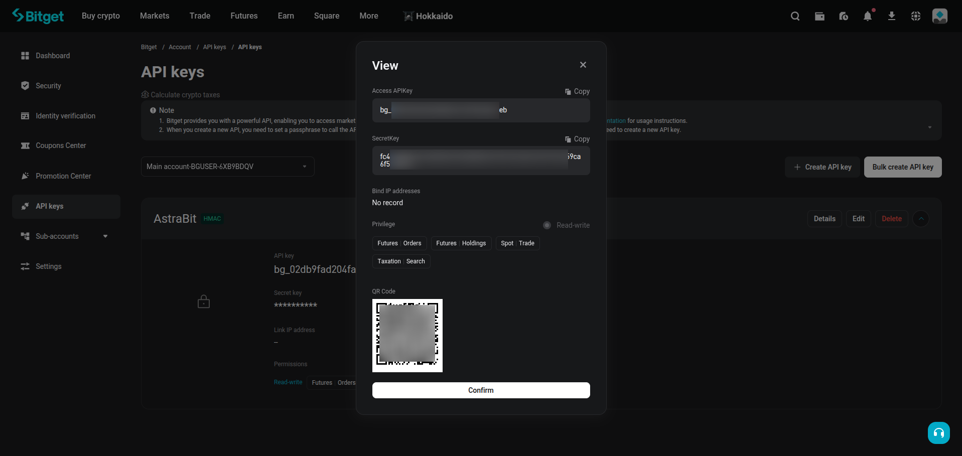 Bitget API key and secret key display.