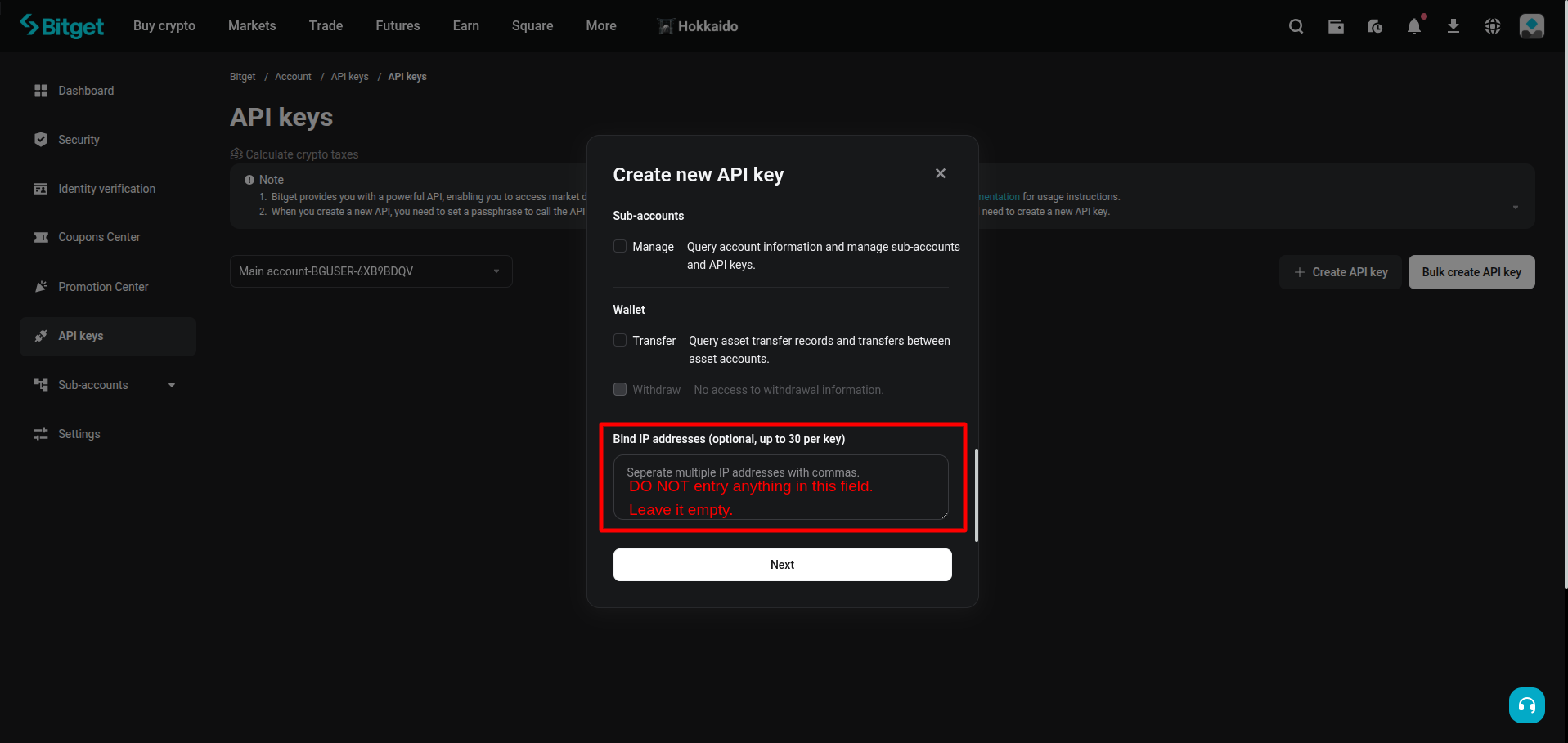 Bitget API passphrase setup.