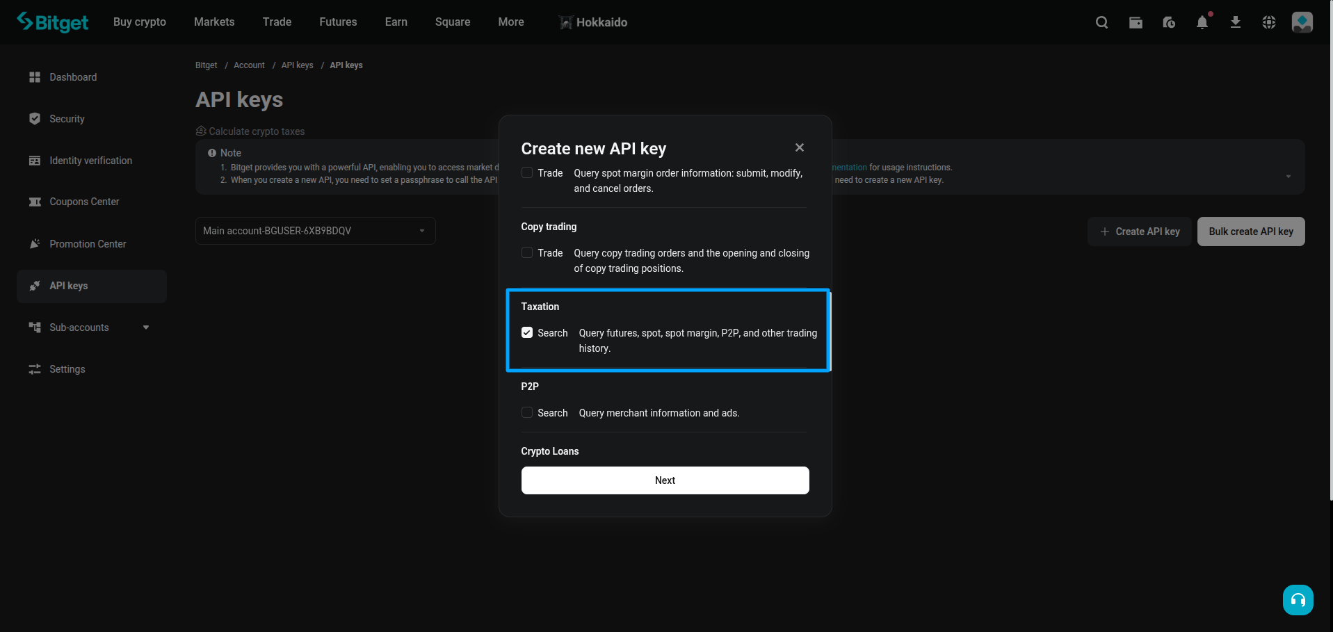 Bitget API permissions confirmation.