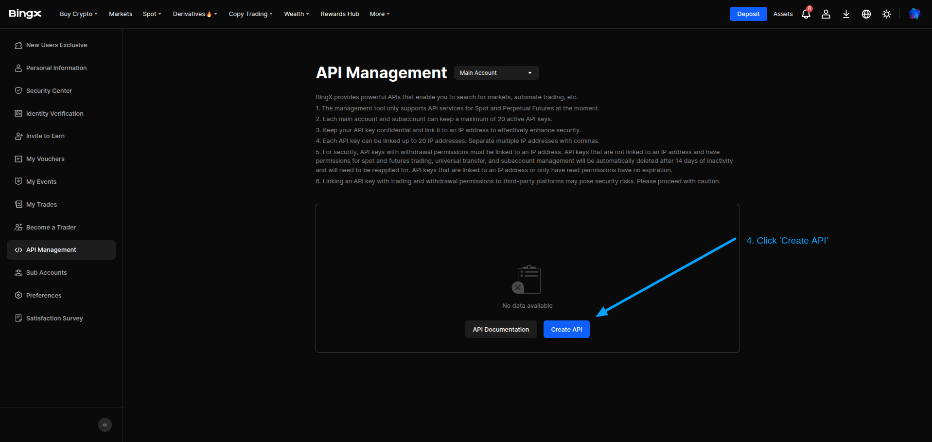 BingX Create API button.