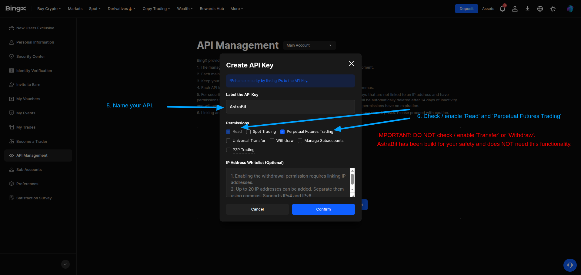 BingX API permissions configuration.