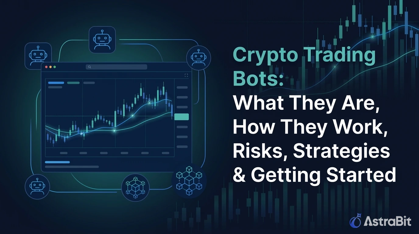 Crypto trading bot guide thumbnail showing abstract charts and a neutral trading bot icon for an educational article about how crypto trading bots work and their risks.